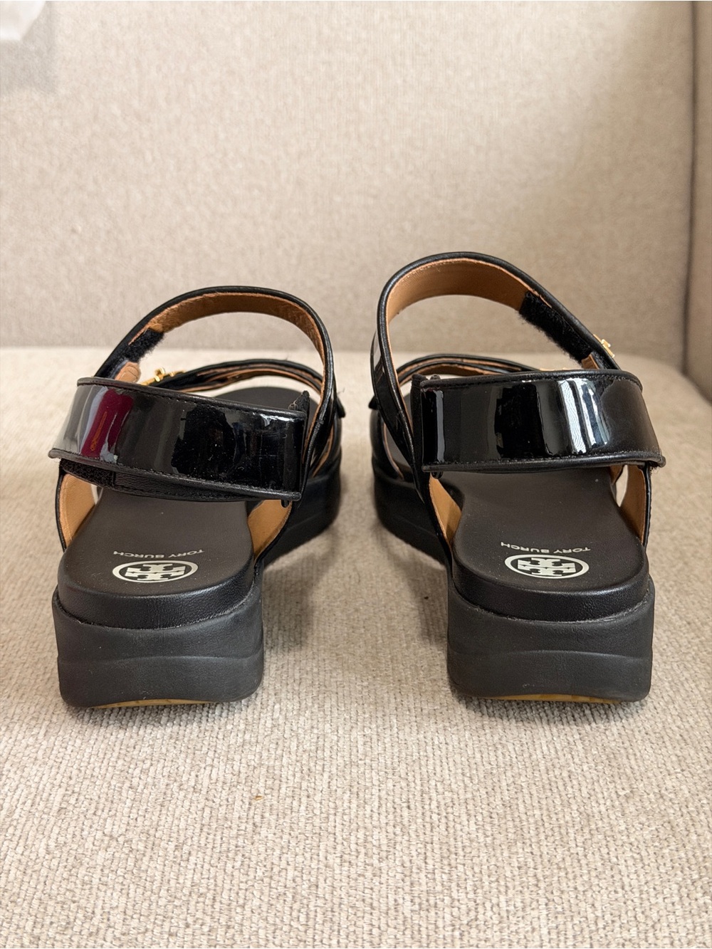 Tory Burch Kira Black Patent Double-Strap Sandals with Gold Logo Accents - Picture 5 of 10
